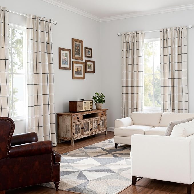 MYSKY HOME 100% Blackout Navy Blue Plaid Farmhouse Linen Curtains 84 Inch Long 2 Panels Set Double Layer Windowpane Drapes Thermal Insulated Privacy Protection Living Room Back Tab, 52" W