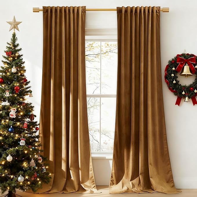 StangH Gold Brown Velvet Curtains 90 inches Long - Classic Traditional Home Decor for Bedroom/Living Room Thermal Insulated Blackout Vintage Drapes for Cottage/Farmhouse/Cabin, W52 x L90, 2 Panels