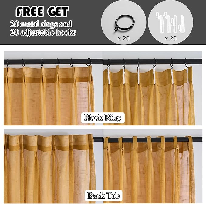 Mustard Gold Sheer Curtains 84 Inches Long 2 Panels, Textured Linen Look Pinch Pleated Drapes, Vintage Yellow Light Filtering Window Treatments, Sliding Glass Door Curtain Back Tab