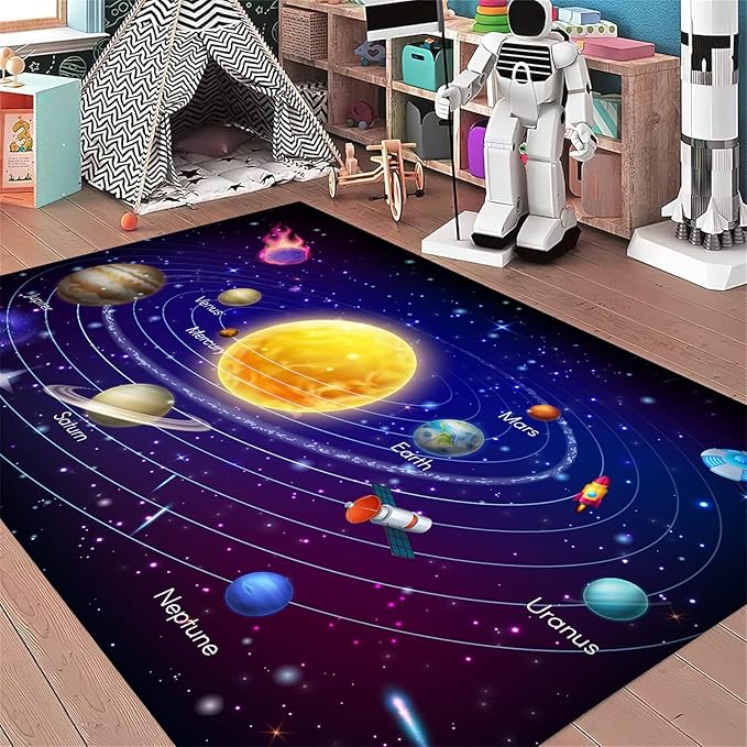 Solar System Planet Area Rug,5x8ft,Boys and Girls Room Large Play Mat, Suitable for Children's Room Bedroom, Classroom, Daycare Center, Kindergarten, Non-Slip Washable Carpet