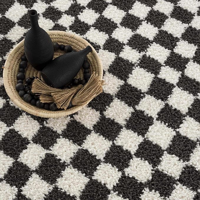 Hauteloom Kieu Contemporary Checkered Fluffy Shag Area Rug - Modern Geometric Soft Carpet Tiles for Living Room, Kids Room, Nursery - Black, White - 7'10" x 10'