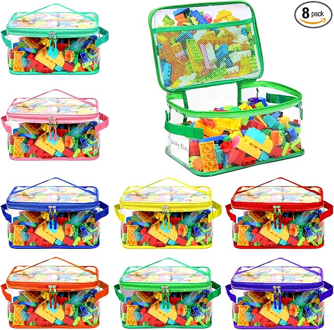 8 Packs Extra Large Toy Storage Bags with Labels, Reusable Clear PVC Board Game Storage, Travel Waterproof Toy Organizer Bags with Name Tag and Manual Pocket for Building Blocks, Puzzle, Kids Books
