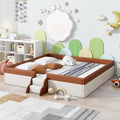 King Size Upholstered Daybed Frame with Fence and Stairs, Montessori Kids Floor Bed with Sturdy Slat Support for Kids Boys Girls (Brown+King)