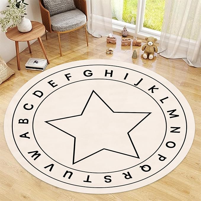 ABC Round Children's Rug,4ft,Children's Educational Learning Area Rug, Cartoon Star Print Soft and Fluffy Rug, Suitable for Nursery, Classroom, Playroom Boys and Girls Bedroom Game Decoration