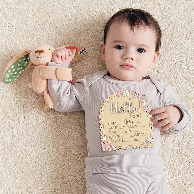 Baby Announcement Sign with Stand & Marker – Hello World Wooden Name Plaque for Newborn Photoshoot, Baby Shower, Rustic Keepsake Birth Stat Sign for Hospital Birth Announcement (Daisy)