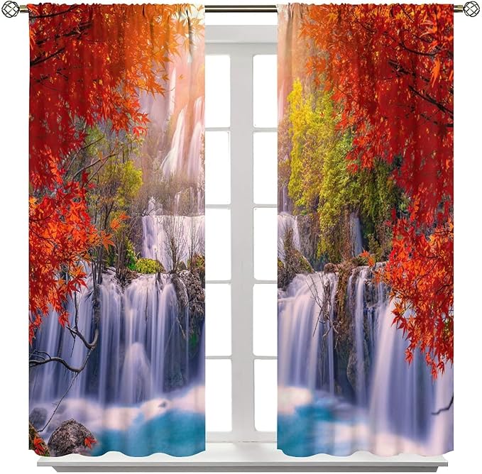 Forest Waterfall Blackout Windows Curtains, Autumn Red Green Maple Leaves Jungle Rainforest Natural Scenery Landscape Curtains, for Living Room Bedroom 63x63in 2 Panels