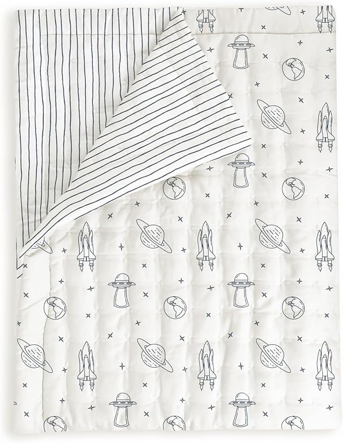 MakeMake Organics Organic Twin Comforter GOTS Certified Organic Kids Blanket Cotton Infill Tufted - Reversible Ultra Soft Breathable Boys Girls (68"x88", Astronaut + Blue Pebble)