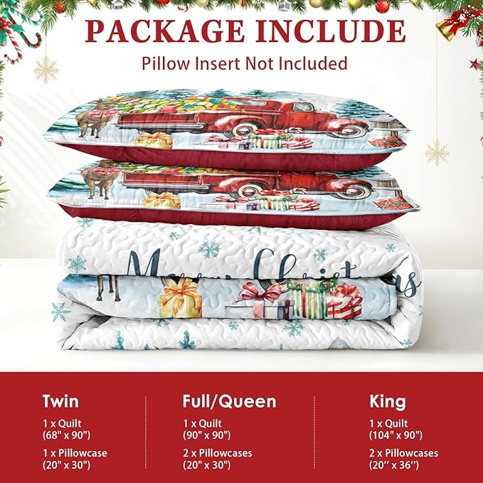 Christmas Full/Queen Size Quilt Set, Red Vintage Truck Elk Lightweight Bedspread Coverlet with Pillow Shams for Kids and Adults, Winter Forest 3 Pcs Bedding Bed Cover
