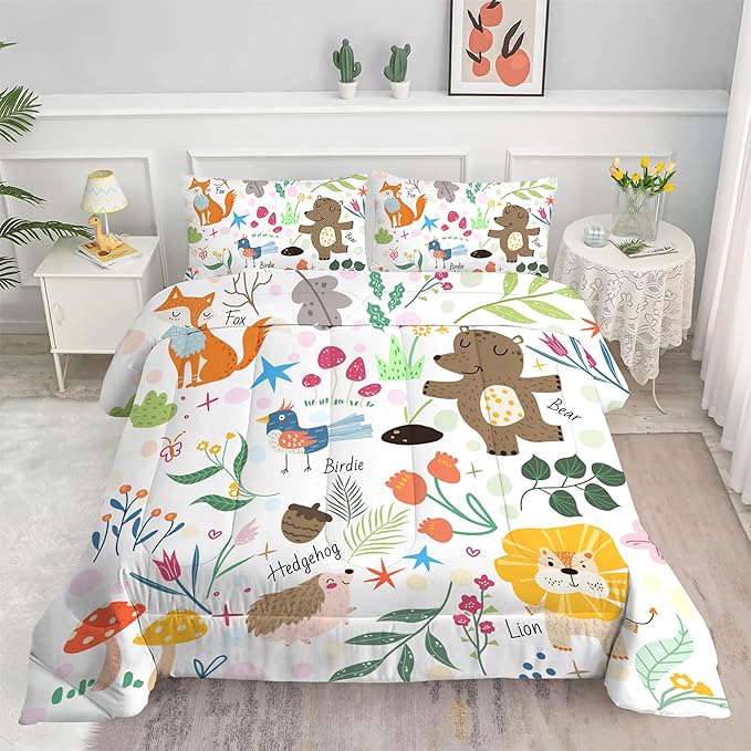 Kids Comforter Set Full: Cute Safari Woodland Bedding Set Cartoon Forest Animals Quilt for Boys Girls Teens Zoo Animal Fox Bear Lion Jungle 3 Piece Duvet Bed Sets