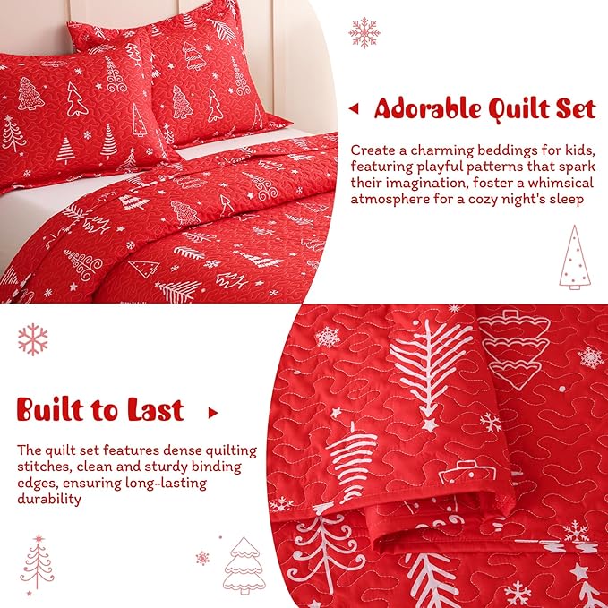 JSD 3 Pcs Kids Christmas Quilt Set Full/Queen, Red Christmas Tree Bedding, Soft Microfiber Bedspread Coverlet Holiday Quilted Blanket