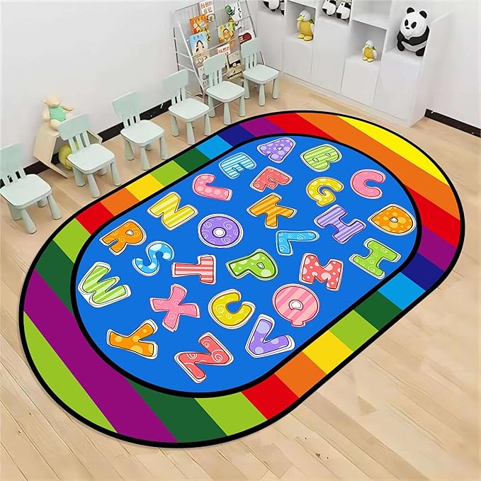 Colorful Cartoon Kid Area Rug, 5x6ft, ABC Alphabet Educational Learning Oval Rug, Rainbow Stripe Border Rug, Non-Slip Indoor Playmat, Children's Gift for Playroom, Bedroom and Nursery