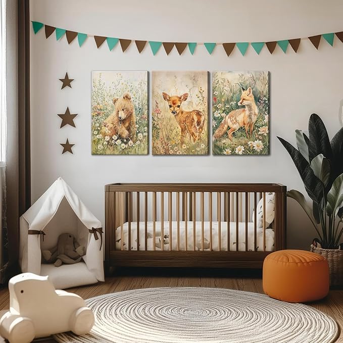 3Pcs Woodland Animal Nursery Canvas Wall Art Forest Animal Nursery Poster Prints Cute Wild Animals Painting Bear Deer Fox Artwork Picture Wall Decor for Boys Girls Room Playroom 16x24in Framed