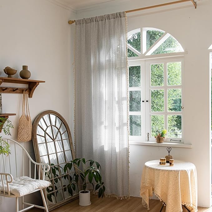 Deeprove Silver Grey Boho Curtains 96 inches Length for Bedroom Living Room, Light Gray Bohemian 96 inches Long Embroideried Cottage Farmhouse Vintage Tassel Window Treatments, W52 x L96, 1 Panel
