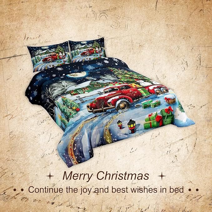 Rustic Farmhouse Xmas Bedding Set Full Size,Retro Red Truck Snowman Comforter Set for Kids Boys Girls Room Decor,Snowflake Cabin Christmas Tree Duvet Insert 3Pcs,Xmas Theme Quilt Set,2 Pillowcases