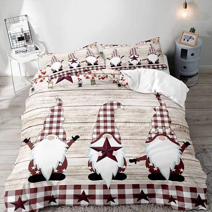 LUVIVIHOME 3PCS Christmas Gnome Duvet Cover King Bedding Set, Primitive Country Rustic Farmhouse Bedding, Holly Berry Star Red Buffalo Plaid Checkered Comforter Bedspread Quilt Cover, 2 Pillow Shams