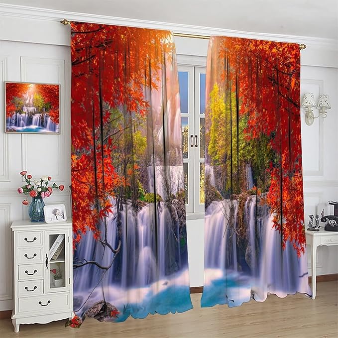 Forest Waterfall Blackout Windows Curtains, Autumn Red Green Maple Leaves Jungle Rainforest Natural Scenery Landscape Curtains, for Living Room Bedroom 72x63in 2 Panels