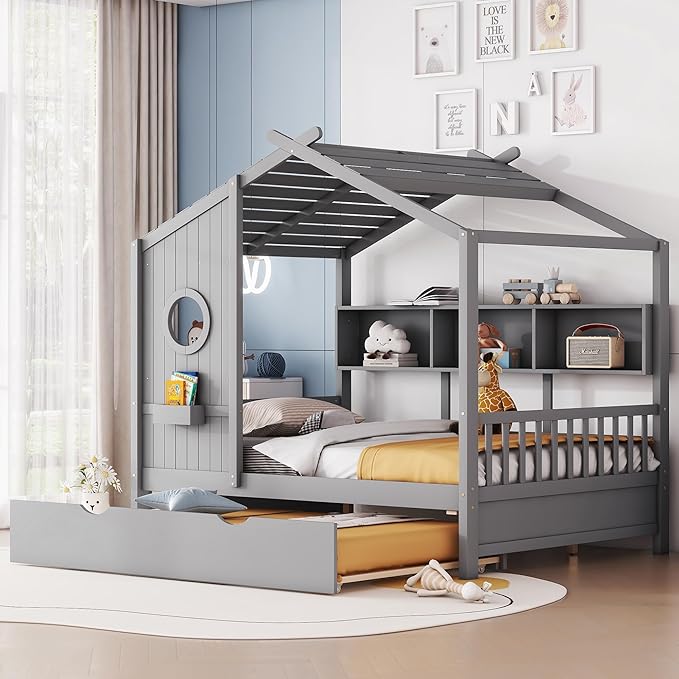 Merax Wood Full House Daybed with Trundle & Storage Shelves,Day Bed for Kids Boys Girls No Box Spring Needed Gray