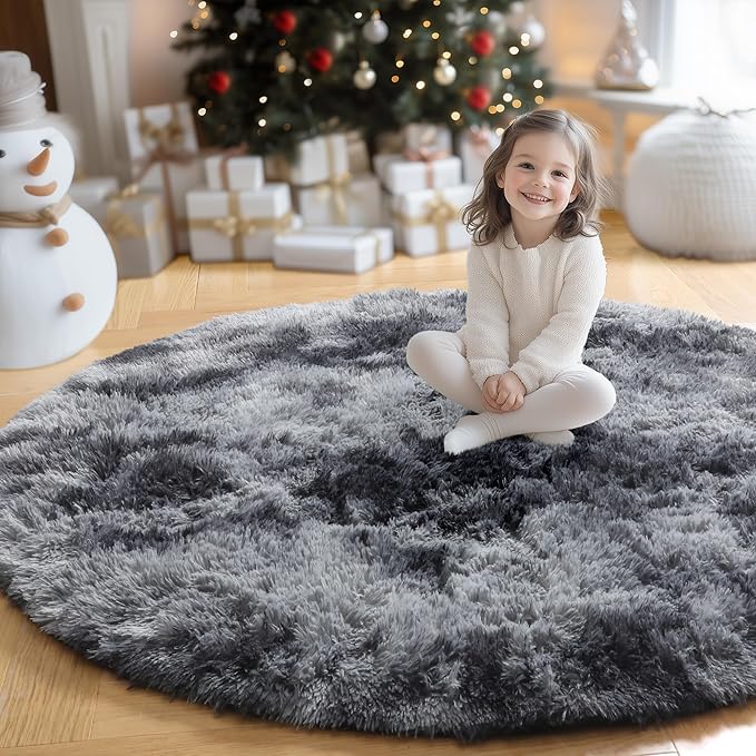 Amdrebio Tie-Dyed Dark Grey Round Rugs for Living Room, 8x8 Rug, Extra Large Circle Area Rug for Bedroom, Big Shag Fluffy Plush Carpet for Mens Home, Modern Cool Circular Rug, Soft Cozy Thick Rugs