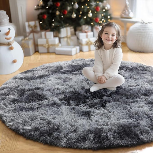 Amdrebio Tie-Dyed Dark Grey Round Area Rugs for Living Room, 6x6 Rug, Soft Thick Large Circle Rug for Bedroom, Big Shag Fluffy Fuzzy Carpet for Mens Boys Kids Room, Modern Cool Floor Circular Rug