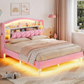 ADORNEVE Queen Bed Frame with LED Lights, Princess Velvet Upholstered Platform Bed for Girls, Headboard with Charging Station & Guardrail & Crystal Button, No Box Spring Needed, Pink