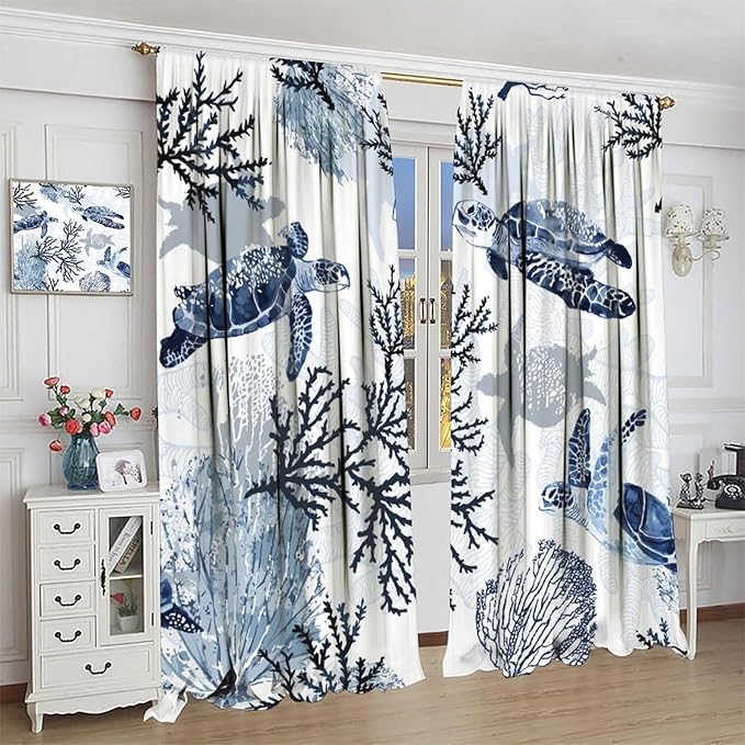 Coastal Nautical Curtains, Turtle Beach Sea Seashell Theme Pattern Blackout Print Home Bedroom Living Room Window Treatmen 2 Panel Set 72x63 Inch