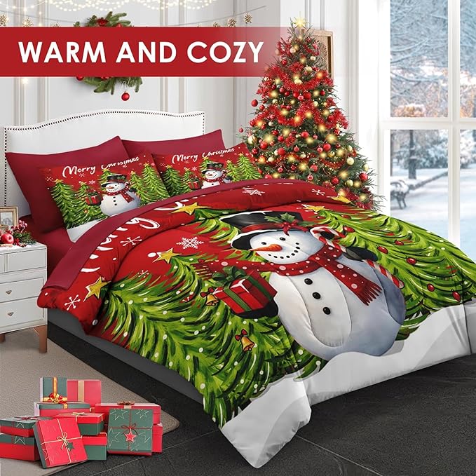 7 Pcs Queen Size Christmas Comforter Set with 2 Pillowcases & 2 Shams, Red Cartoon Snowman Bedding for Kids and Adults, Funny Xmas Pine Forest Bed in a Bag with Flat Fitted Sheet