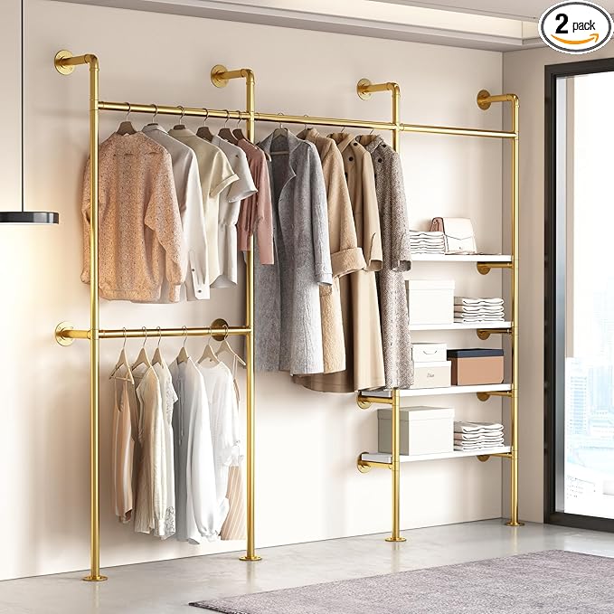 Industrial Pipe Clothes Rack, Gold Clothing Rack with Shelves, Wall Mounted Clothes Rack Heavy Duty Closet Organizers Wardrobe Multi-Purpose Storage Clothes Hanging Shelf - 94.5''L Gold