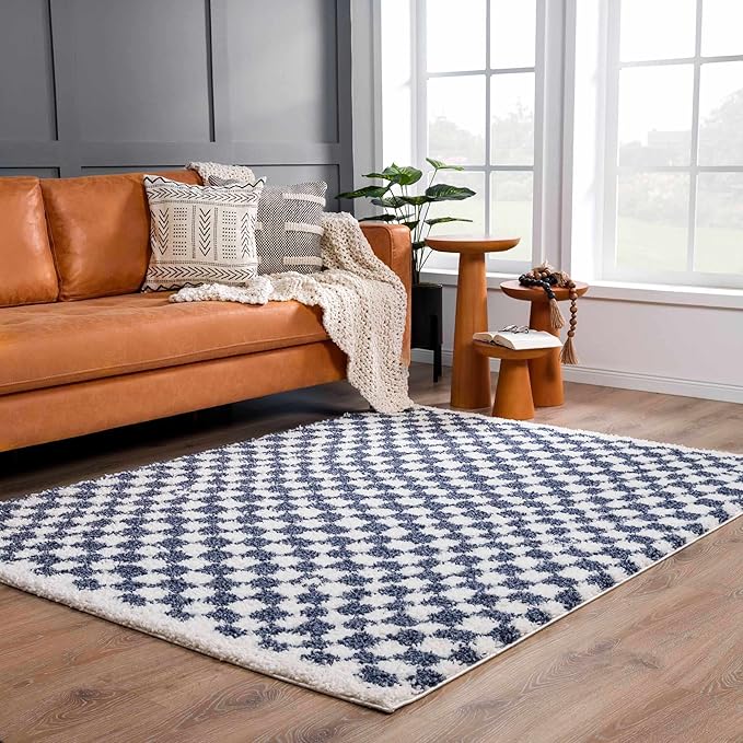Hauteloom Kieu Contemporary Checkered Fluffy Shag Area Rug - Modern Geometric Soft Carpet Tiles for Living Room, Kids Room, Nursery - White, Blue - 8'10" x 12'
