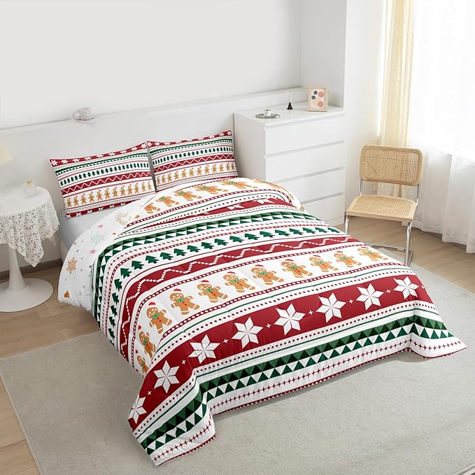 Feelyou Merry Christmas Bedding Set Soft for Boys Girls, Gingerbread Man Comforter Set Toddler Size Duvet Quilt Microfiber Striped Bedroom Decor 2 Pcs with 1 Pillow Cases