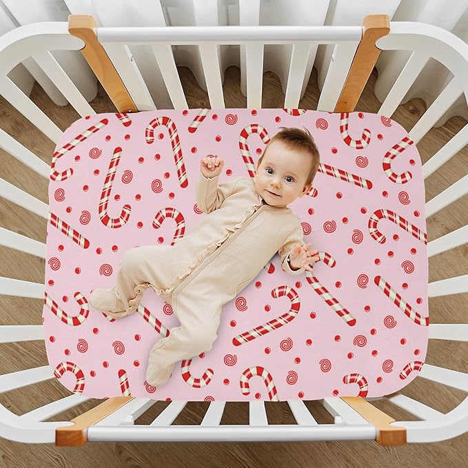Candy Cane Christmas Pink Crib Sheets Soft Breathable Fitted Baby Crib Sheets Mattress Cover for Girl Boys, 52" x 28" x 9"