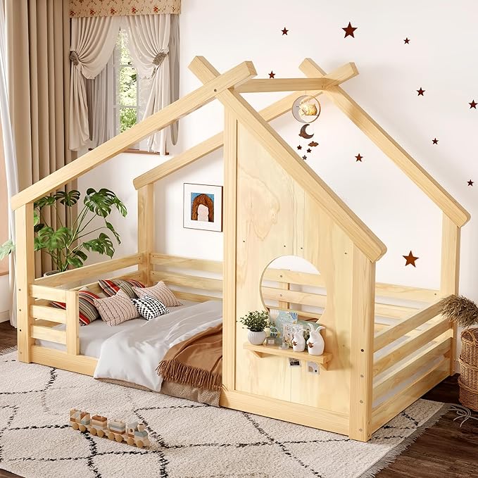 Polibi Twin Size House Floor Bed with Window and a Small Shelf, Solid Wood Low Profile Floor Bed for Kids, No Box Spring Needed, Natural