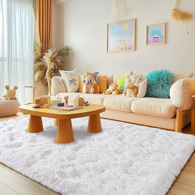 5x7 Rugs for Living Room - 1.4" Height Pile Plush Rug for Dorm - Soft Non-Slip Fluffy Throw Carpet Bedroom White