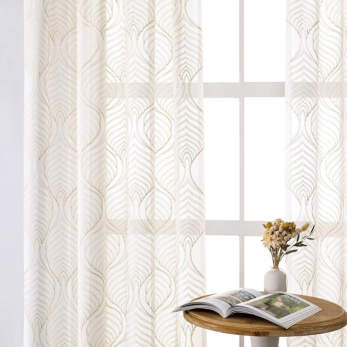 VISIONTEX Sheer Curtains 84 Inches Long 2 Panels Set Beige Moroccan Embroidery Texture Geometric Rod Pocket Ivory White Voile Tulle Semi Window Treatment Pair for Bedroom Living Room 54 x 84 Inches
