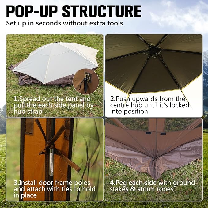 10 x 10 FT Gazebo Tent, Pop Up Design Camping Gazebo Tent, 6-Sided Pop-up Canopy Shelter Tents Portable 8 Person Gazebos Screen Tents for Camping and Backyard Activities