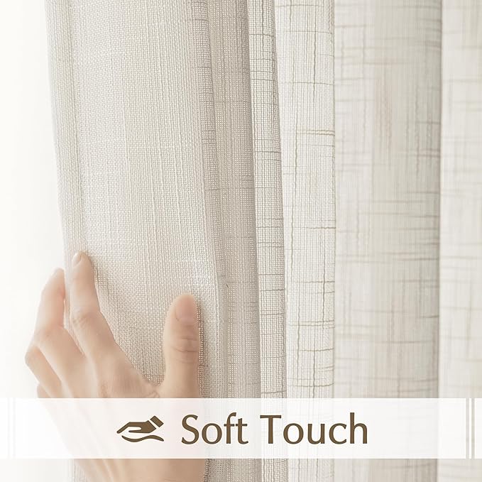 FMFUNCTEX Linen Semi Sheer Curtains 108 Inches Extra Long for Bedroom Living Room, Beige Curtain Panels Sheer Linen Textured Window Drapes Farmhouse Light Filtering Natural 2 Panels Rod Pocket