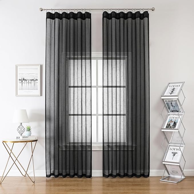 Black Linen Look Sheer Curtains 96 Inches Long 2 Panels, Rustic Textured Light Filtering Drapes, Dark Moody Window Decor, Pinch Pleat Curtain with Hooks