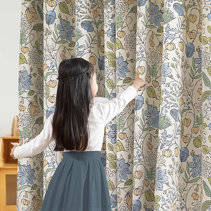 jinchan Nursery Curtains 95% Blackout Blue Floral Curtains for Kids Room, 96 Inch Length Farmhouse Drapes for Bedroom Living Room Darkening Window Treatment Grommet Top Set of 2 Panels