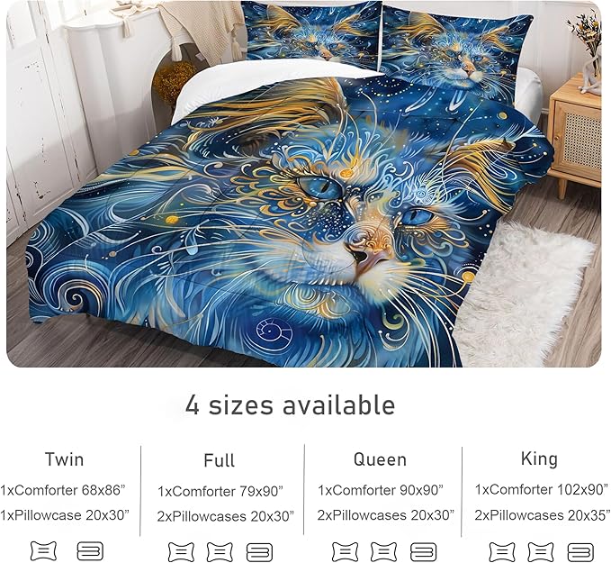Cat Comforter Set Twin: Blue Exotic Cat Bedding Set for Kids Teens Girls Boys Room Decor Boho Mandala Ethnic Kitten Quilt Bed Sets 1 Comforter & 1 Pillowcase