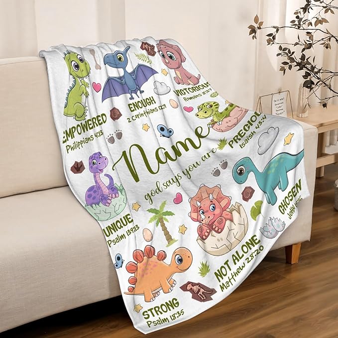 Personalized Dinosaur Blanket,Custom Dinosaur Gifts for Kids Boys,God Says I Am Themed Blanket,Meaningful Thoughtful Religious Baptism Christian Gifts,Bible Verse Quilt with Name,40"x50" for Kids