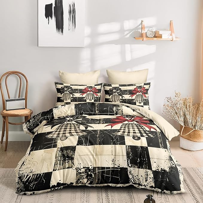 Christmas Duvet Cover Twin Size Retro Christmas Bell Gingham Bedding Set Kids Boys Girls Xmas Happy Holiday Checked Pattern Comforter Cover 2 Pcs with Zipper Closure (No Comforter)