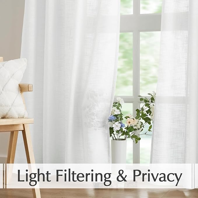 FMFUNCTEX Linen Semi Sheer Curtains for Bedroom, White Curtains 96 Inches Long for Living Room, Country Farmhouse Sheer Drapes, Light Filtering Window Curtain, Grommet Top 2 Panels