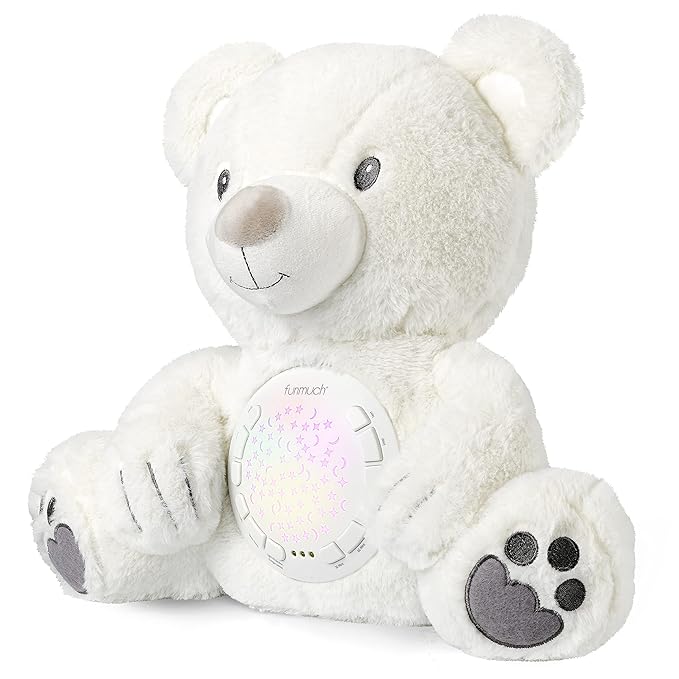 BELLOCHIDDO Baby Sleep Soother, Mom's Heartbeat Lullabies Soothing Sounds White Noise Machine, Auto-Off Timer Night Light Projector, Unique Gifts for Babies, Stuffed Animal Toys (Polar Bear)