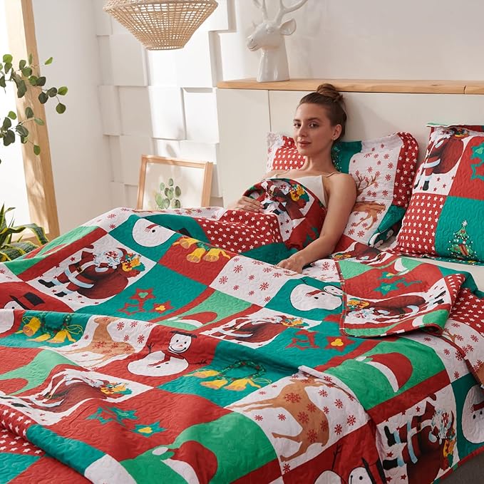 Christmas Bedding Set King Size Christmas Quilt Bedspread Holiday Xmas Bedding Plaid Patchwork Rustic Lodge Cabin Snowman Santa Claus Festival Decor Lightweight Reversible Bedspread Coverlet Red