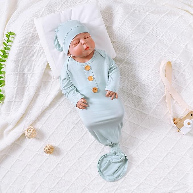 OPAWO Knotted Gown Baby Newborn Sleepers Baby Boy Coming Home Outfit, Bamboo Viscose Baby Gowns with Mitten Cuffs and Hat Set