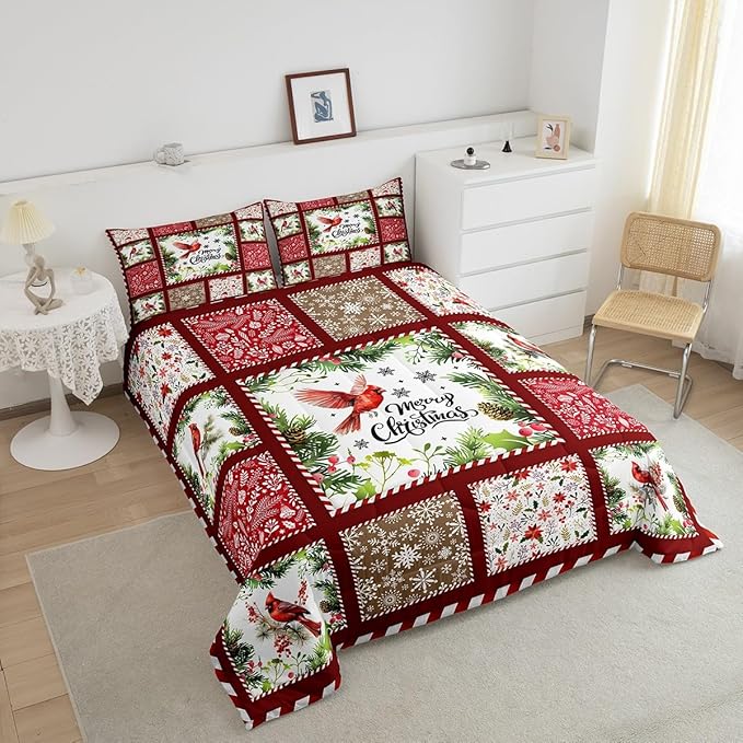Castle Fairy Merry Christmas Comforter Set King Size,Xmas Patchwork Watercolor Cardinal Bird Bedding Set All Season Quilt Set,Floral Leaves Snowflakes Plaid Microfiber Polyester Down Comforter