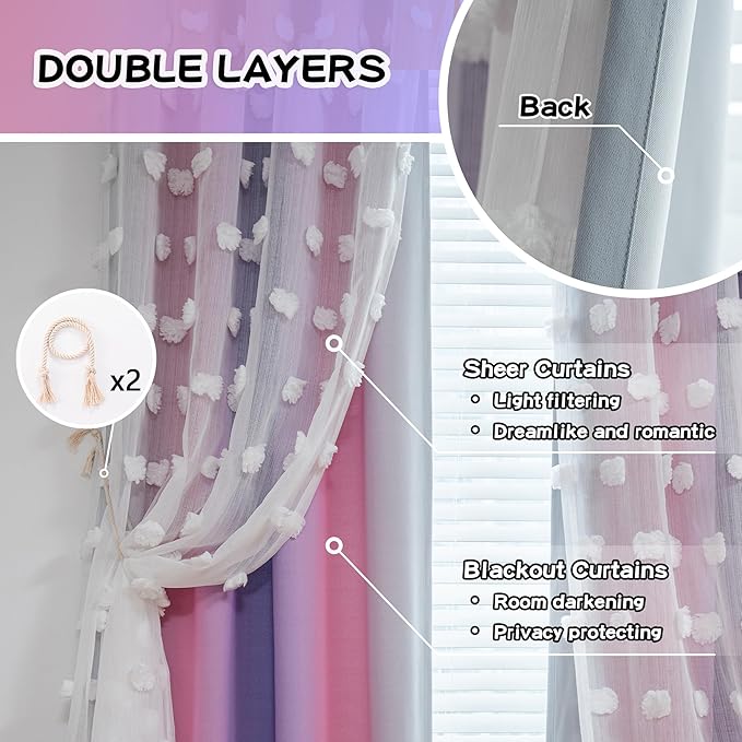 MYSKY HOME Pink Purple Curtains for Bedroom 72 Inch Long Nursery Curtains Pom Pom White Sheer Curtains for Girls Room Double Layer Toddler Dining Room Grommet Room Darkening Window Panels W52 X L72