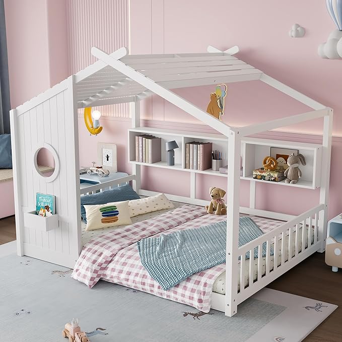 Full Size House Bed with Storage Shelves for Kids,Kids Montessori Floor Bed, Cute Wood House Bed Frame Full with Roof for Girls,Boys,Can be Decorated,White