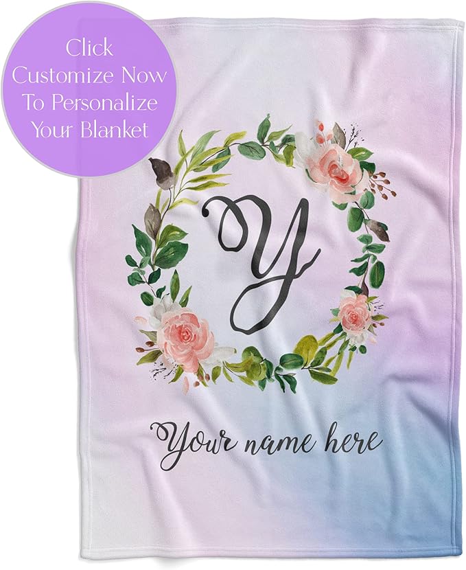 Personalized Girls Throw Blanket with Custom Name | Plush Warm Fleece for Bedding or Decorative Room Decor | Cute Kids Bed Covers | Boho Monogram Flowers (Fleece, 30x40)