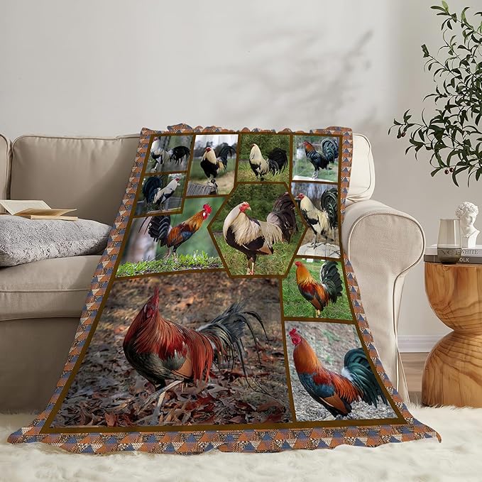 Rooster Chicken Blanket Throw for Girls, Women, Kids, Adults - Soft Warm Cozy Fleece Blanket for Couch, Sofa, Bed - 50"x40"