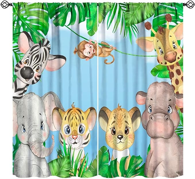 Kids Animals Blackout Curtains Watercolor Cartoon Cute Animals Green Jungle Art Printed for Children Girls Boys Bedroom Nursery Rod Pocket Decoration Window Drapes 2 Panels W27.5xL63in